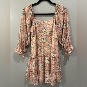 Peach Love Tiered Square Neck Long Sleeve Babydoll Floral Dress Size S